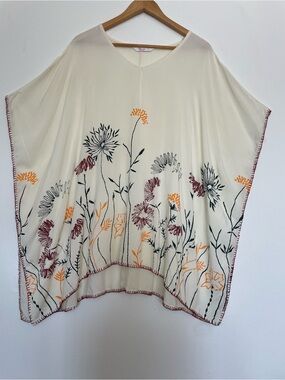 Beach Cover Boho Embroidered & Beautiful Print Cream Floral Penti Kaftan 1 Size